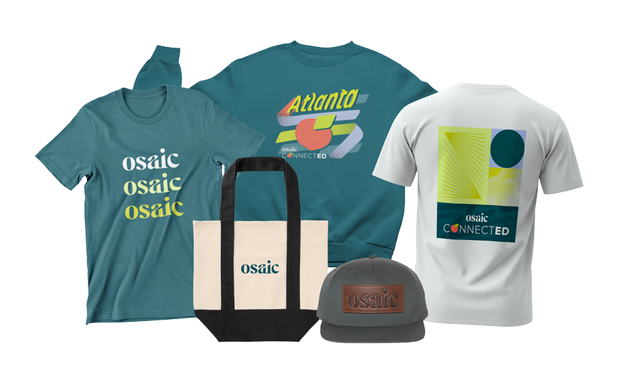 Five branded Osaic merchandise items: a teal crewneck sweatshirt printed with 'Atlanta' in yellow script above an orange peach icon and an 'Osaic Connected' logo; a teal t-shirt with 'osaic' repeated three times in white, yellow, and white text; a white t-shirt with an abstract geometric graphic in yellow and teal above an 'Osaic Connected' logo; a natural canvas tote bag with black handles and trim, embroidered with the 'osaic' logo in teal; and a gray snapback cap with a brown leather patch embossed with 'osaic'.